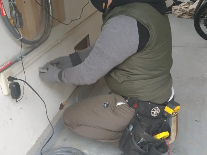Electrician performing outlet wiring in a Farmington garage